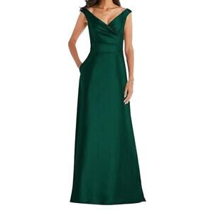 Alfred Sung dress D811s off the shoulder draped wrap satin maxi green size 2